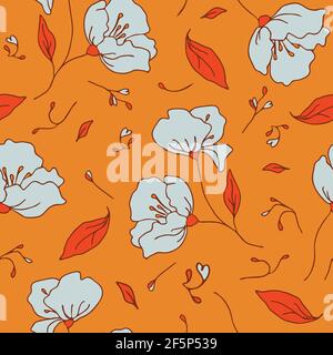 Nahtloses Vektor-Muster mit sanften weißen Blüten auf orangefarbenem Hintergrund. Helle romantische florale Tapete Design. Dekorative botanische Mode Textil. Stock Vektor