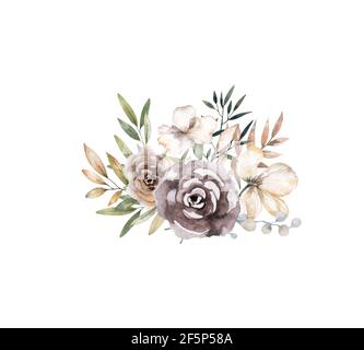 Handgezeichnetes Aquarellbouquet mit roten, weißen und blauen Rosen, Pfingstrosen- und Fliederblüten und grünen Blättern. Isoliert auf weißem Hintergrund für Hochzeit Stockfoto
