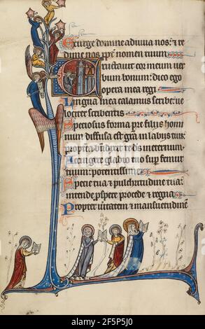 Initial E: David spielt die Harfe. Bute Master (französisch-flämisch, aktiv um 1260 - 1290) Stockfoto