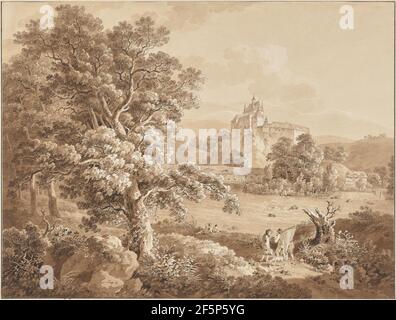 Fischer auf der Zschopau bei Schloss Kriebstein, Sachsen. Adrian Zingg (Schweiz, 1734 - 1816) Stockfoto