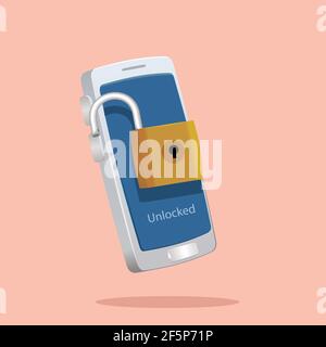 Entriegeltes Vorhängeschloss in der Vorderfront der Smartphone-Vektor-Illustration Stock Vektor