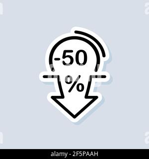 Minus 50 Prozent Aufkleber. Pfeil nach unten für Rabatt in Prozent. Pfeil-nach-unten-Symbole. Preisnachlass. Vektor auf isoliertem weißem Hintergrund. EPS 10. Stock Vektor