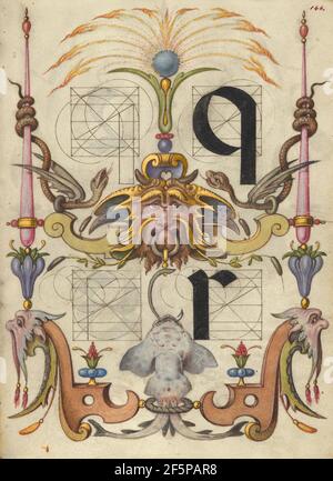 Leitfaden für die Erstellung der Buchstaben q und r. Joris Hoefnagel (Flämisch / Ungarisch, 1542 - 1600) Stockfoto