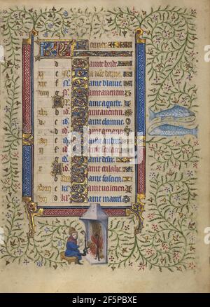 Kalenderseite für Februar; Warmhalten: Fische. Anhänger des Egerton Meisters (Französisch / Niederländisch, aktiv um 1405 - 1420) Stockfoto