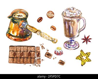 Kaffee in türkischer (Kanne), irischer Kaffee im Glas, schwarze Schokoriegel, Kaffeebohnen und Sternanise, Sternciookie und Süßigkeiten, isoliert auf weiß, handbemalt Stockfoto