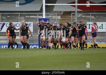 Exeter, Großbritannien. März 2021, 27th. Exeter-Häuptlinge feiern während des Spiels der Allianz Premier 15 zwischen Exeter Chiefs und Loughborough Lightning im Sandy Park in Exeter, England.Quelle: SPP Sport Press Foto. /Alamy Live Nachrichten Stockfoto