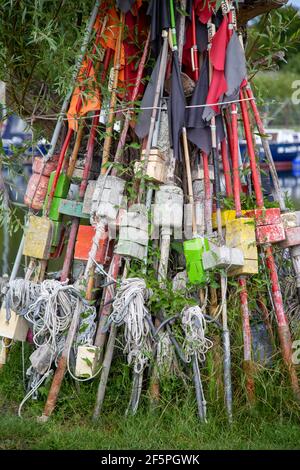 Im kleinen Hafen von Zempin auf der Insel Usedom lehnen sich Pfosten und Flaggen zum Markieren von Fischfallen an einen Baum. Stockfoto