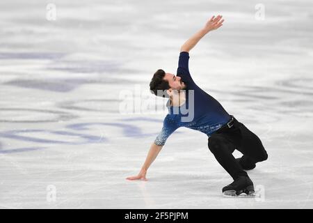 Stockholm, Schweden. März 2021, 27th. Kevin AYMOZ FRA, während des Men Free Program bei den ISU World Figure Skating Championships 2021 im Ericsson Globe, am 27. März 2021 in Stockholm, Schweden. Kredit: Raniero Corbelletti/AFLO/Alamy Live Nachrichten Gutschrift: Aflo Co. Ltd./Alamy Live Nachrichten Stockfoto