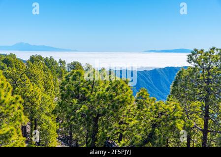 Teneriffa und La Gomera von Caldera de Taburiente, La Palma, Kanarische Inseln, Spanien. Stockfoto