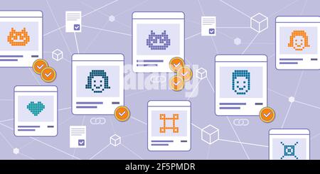 NFT-Marktplatz mit Kryptografie-Artikeln zum Verkauf und Blockchain in Der Hintergrund Stock Vektor