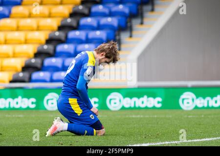 LONDON, GROSSBRITANNIEN. MÄRZ 27th Joe Pigott von AFC Wimbledon Gesten während der Sky Bet League 1 Spiel zwischen AFC Wimbledon und Northampton Town in der Plough Lane, Wimbledon am Samstag, 27th. März 2021. (Quelle: Federico Maranesi) Quelle: MI News & Sport /Alamy Live News Stockfoto