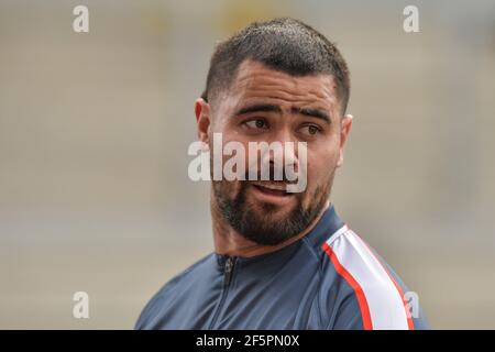 Leeds, England - 27th. März 2021 - David Fifita von Wakefield Trinity beim Warm Up vor der Rugby League Betfred Super League Round 1 Wakefield Trinity vs Leeds Rhinos im Emerald Headingley Stadium, Leeds, UK Dean Williams/Alamy Live News Stockfoto