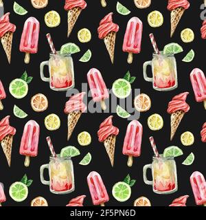 Aquarell-Nahtloses Muster mit sommerlichen Süßigkeiten: Eis, kaltes Getränk und Zitrusfrüchte. Stockfoto