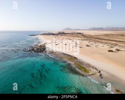 Corralejo Strand Luftdrohne geschossen, Fuerteventura, Kanarische Inseln Stockfoto