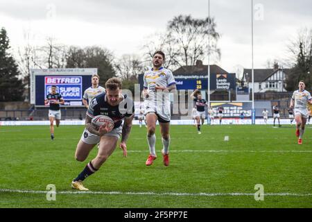 Leeds, England - 27th März 2021 - Wakefield Trinity Tom Johnstone Rennen weg für seinen 2nd Versuch während der Rugby League Betfred Super League Runde 1 Wakefield Trinity vs Leeds Rhinos im Emerald Headingley Stadium, Leeds, UK Dean Williams/Alamy Live News Stockfoto