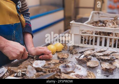 Nahaufnahme eines Fischverkäufers oder Fischhändler, der frische Austern auf der Isle of Skye auf den schottischen Inseln von Schottland, Großbritannien, shuckt. Stockfoto