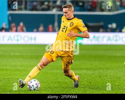 Sankt Petersburg, Russland – 16. November 2019. Belgische Fußballnationalmannschaft rechts-back Timothy Castagne während der UEFA Euro 2020 Qualifikationsspiel Rus Stockfoto