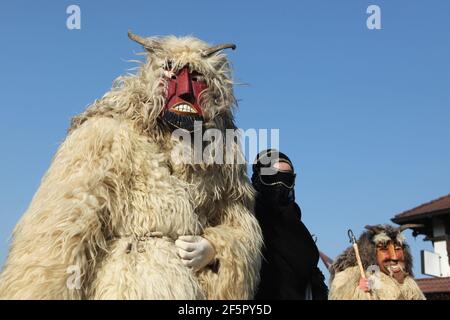 Maskierte Busós Spaziergang durch die Innenstadt am Farsang Samstag während des Busójárás Karneval in Mohács in Baranya County, Ungarn. Traditionelle jährliche maskierte Feier der ethnischen Gruppe Šokci am Ende der Karnevalssaison (Farsang) in Südungarn. Stockfoto