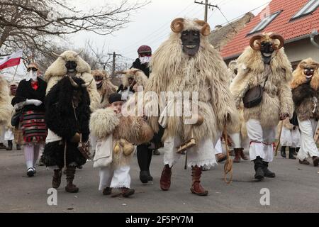 Maskierte Busós Spaziergang durch die Innenstadt am Farsang Dienstag während des Busójárás Karneval in Mohács in Baranya County, Ungarn. Traditionelle jährliche maskierte Feier der ethnischen Gruppe Šokci am Ende der Karnevalssaison (Farsang) in Südungarn. Stockfoto