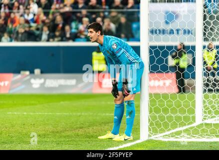 Sankt Petersburg, Russland – 16. November 2019. Torwart der belgischen Fußballnationalmannschaft Thibaut Courtois beim UEFA Euro 2020 Qualifikationsspiel Rus Stockfoto