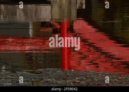Rote Holzbrücke im japanischen Garten Stockfoto
