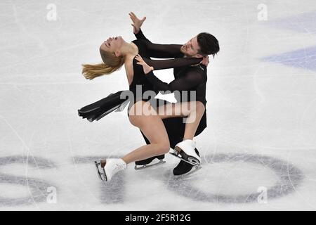 Alexandra Stepanova und Ivan Bukin von der FSR treten während des Ice Dance, Free Dance bei den ISU Eiskunstlauf-Weltmeisterschaften in Stockholm, Schweden, am 27. März 2021 auf. Foto Jessica Gow / TT kod 10070 Stockfoto
