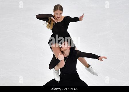 Alexandra Stepanova und Ivan Bukin von der FSR treten während des Ice Dance, Free Dance bei den ISU Eiskunstlauf-Weltmeisterschaften in Stockholm, Schweden, am 27. März 2021 auf. Foto Jessica Gow / TT kod 10070 Stockfoto