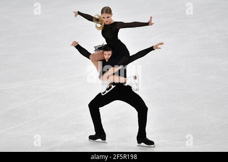 Alexandra Stepanova und Ivan Bukin von der FSR treten während des Ice Dance, Free Dance bei den ISU Eiskunstlauf-Weltmeisterschaften in Stockholm, Schweden, am 27. März 2021 auf. Foto Jessica Gow / TT kod 10070 Stockfoto