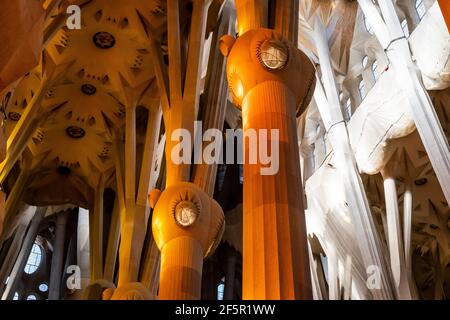 Basilika La Sagrada Familia, Innere der Basilika, Barcelona, Katalonien, Spanien. Stockfoto