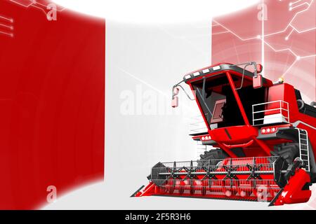 Digital Industrial 3D Illustration von Red Advanced Farm Mähdrescher Auf Peru Flagge - Landwirtschaft Ausrüstung Innovationskonzept Stockfoto