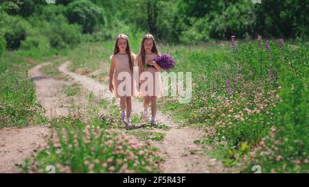 Kleine niedliche identische Zwillingsschwestern mit langen Haaren zusammen mit Händen auf der Straße in Kleidern bei sonnigen Natur im Gras und Blumen halten. Freundinnen Stockfoto