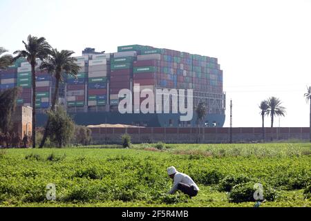 Suezkanal, Ägypten. März 2021, 27th. Das Foto vom 27. März 2021 zeigt das festsitzende Containerschiff, das jemals auf dem Suezkanal in Ägypten abgegeben wurde. Mindestens 321 Schiffe sind derzeit rund um den Suezkanal in Erwartung Bergung des riesigen Containerschiffes je gegeben, dass stecken geblieben und blockiert die lebenswichtige Wasserstraße seit Dienstag, Osama Rabie, Vorsitzender der Suezkanal Authority (SCA), sagte Samstag. Quelle: Ahmed Gomaa/Xinhua/Alamy Live News Stockfoto