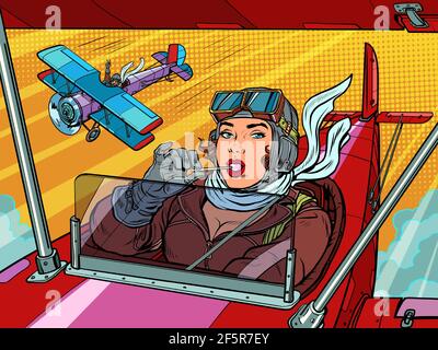 Weibliche Retro-Pilot. Professionelle militärische Pilot Pop Art retro Illustration Stock Vektor