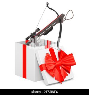 Armbrust innen Geschenkbox, präsent Konzept. 3D Rendering isoliert auf weißem Hintergrund Stockfoto
