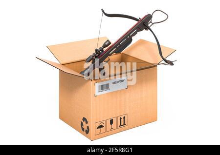 Armbrust im Karton, Lieferkonzept. 3D Rendering isoliert auf weißem Hintergrund Stockfoto