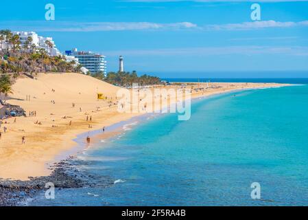 Luftaufnahme von Playa de Matorral bei Morro Jable, Fuerteventura, Kanarische Inseln, Spanien. Stockfoto