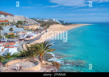 Luftaufnahme von Playa de Matorral bei Morro Jable, Fuerteventura, Kanarische Inseln, Spanien. Stockfoto