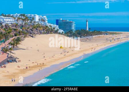 Luftaufnahme von Playa de Matorral bei Morro Jable, Fuerteventura, Kanarische Inseln, Spanien. Stockfoto