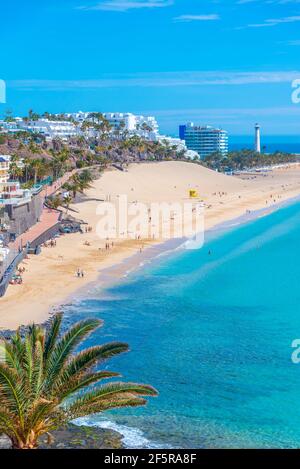 Luftaufnahme von Playa de Matorral bei Morro Jable, Fuerteventura, Kanarische Inseln, Spanien. Stockfoto