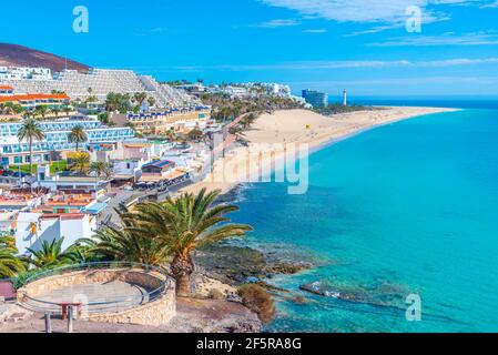 Luftaufnahme von Playa de Matorral bei Morro Jable, Fuerteventura, Kanarische Inseln, Spanien. Stockfoto