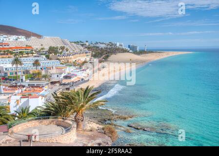 Luftaufnahme von Playa de Matorral bei Morro Jable, Fuerteventura, Kanarische Inseln, Spanien. Stockfoto