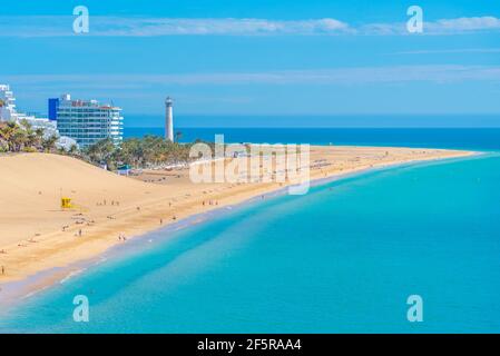 Luftaufnahme von Playa de Matorral bei Morro Jable, Fuerteventura, Kanarische Inseln, Spanien. Stockfoto