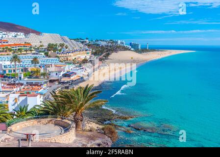 Luftaufnahme von Playa de Matorral bei Morro Jable, Fuerteventura, Kanarische Inseln, Spanien. Stockfoto