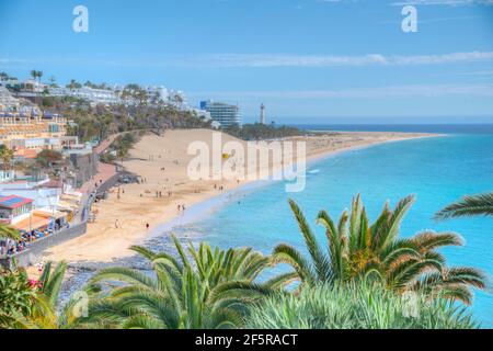 Luftaufnahme von Playa de Matorral bei Morro Jable, Fuerteventura, Kanarische Inseln, Spanien. Stockfoto