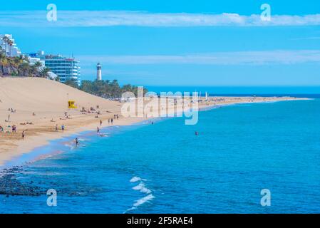 Luftaufnahme von Playa de Matorral bei Morro Jable, Fuerteventura, Kanarische Inseln, Spanien. Stockfoto