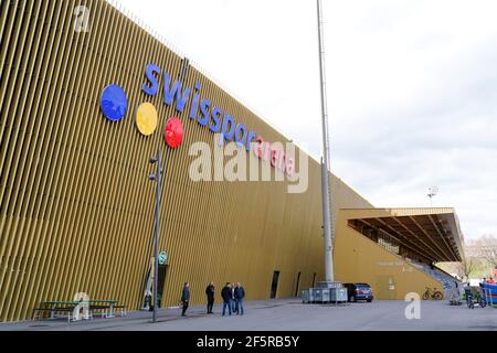 Luzern, Schweiz. März 2021, 27th. 27. März 2021, Luzern, Sportanlagen Allmend, AXA Women's Super League: FC Luzern - FC Zürich Frauen, Swissporarena Außenansicht (Schweiz/Kroatien OUT) Quelle: SPP Sport Pressefoto. /Alamy Live Nachrichten Stockfoto