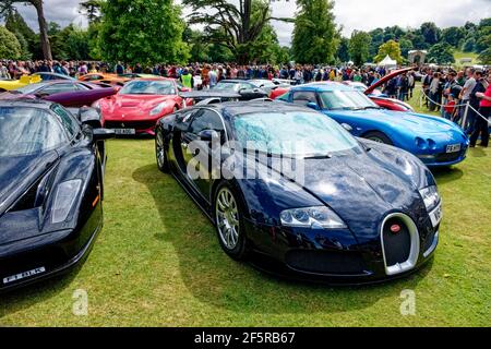 Wilton House, Wiltshire, UK - August 10 2014: Eine Sammlung seltener und teurer Supersportwagen, darunter ein Ferrari Enzo und Bugatti Veyron EB 16,4 Stockfoto