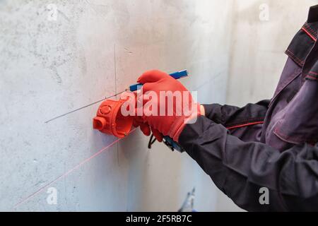 Ein Mann, ein Elektriker markiert mit Bleistift, Maßband und einer linearen Ebene zum Bohren von Löchern für Steckdosen Stockfoto