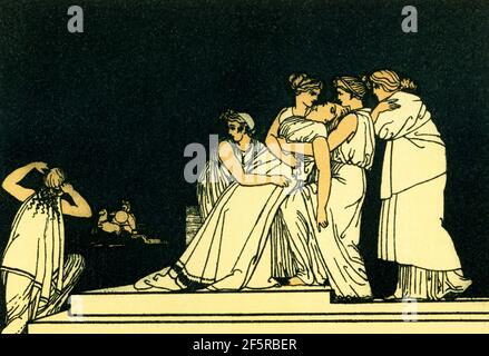 Diese Illustration von 1880s begleitete ein Buch über Homer und seine Epen, die Ilias und die Odyssee. Es zeigt die Szene in der Ilias, als Andromache an den Mauern von Troja fellt. Stockfoto