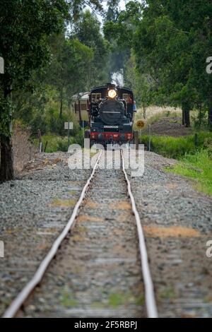 Mary Valley Rattler historische Eisenbahn-Touristenerlebnis, Spirit of Mary Valley Dampfzug an der Amamoor Station. Mary Valley, Queensland, Australien Stockfoto